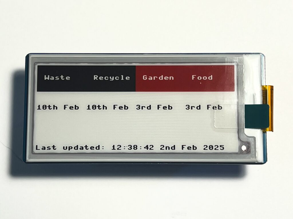 E-ink display showing a bin schedule